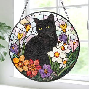 Black Cat Stained Glass Suncatcher, Floral Window Hanging, Gift for Cat Lovers