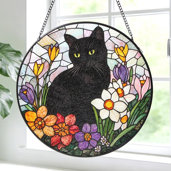 Black Cat Stained Glass Suncatcher, Floral Window Hanging, Gift for Cat Lovers
