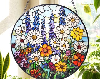 Stained Glass Wildflower Suncatcher: Flowers Window Hanging, Colorful Floral Glass Art, Mother’s Day Gift