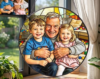 Custom Stained Glass Photo Suncatcher: Personalized Grandfather Portrait Window Hanging, Family Keepsake, Father's Day Gift for Grandad