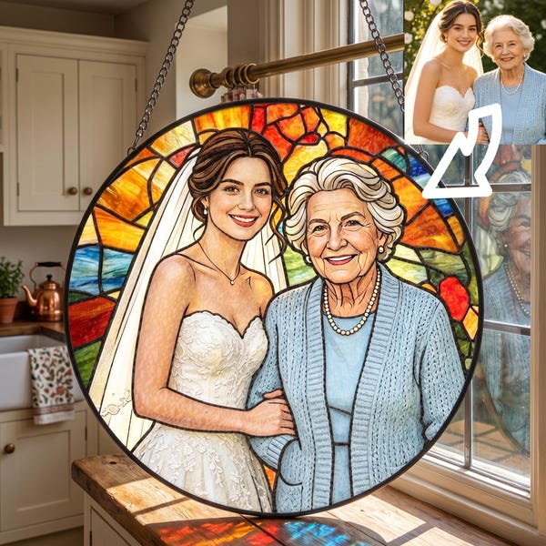 Vitral personalizado com foto para pendurar na janela: Retrato personalizado da vovó, presente para o Dia das Mães, lembrança de família.