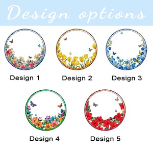 May include: The image displays five circular designs with floral and butterfly motifs. Each design is labeled with a number. The text "Design options" is at the top. The designs feature various color schemes, including red, yellow, blue, and green.