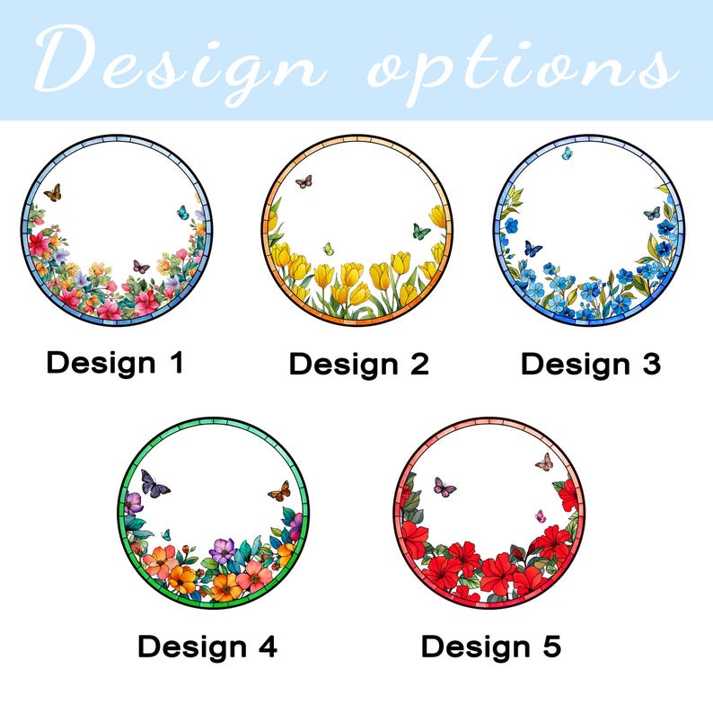 May include: The image displays five circular designs with floral and butterfly motifs. Each design is labeled with a number. The text "Design options" is at the top. The designs feature various color schemes, including red, yellow, blue, and green.