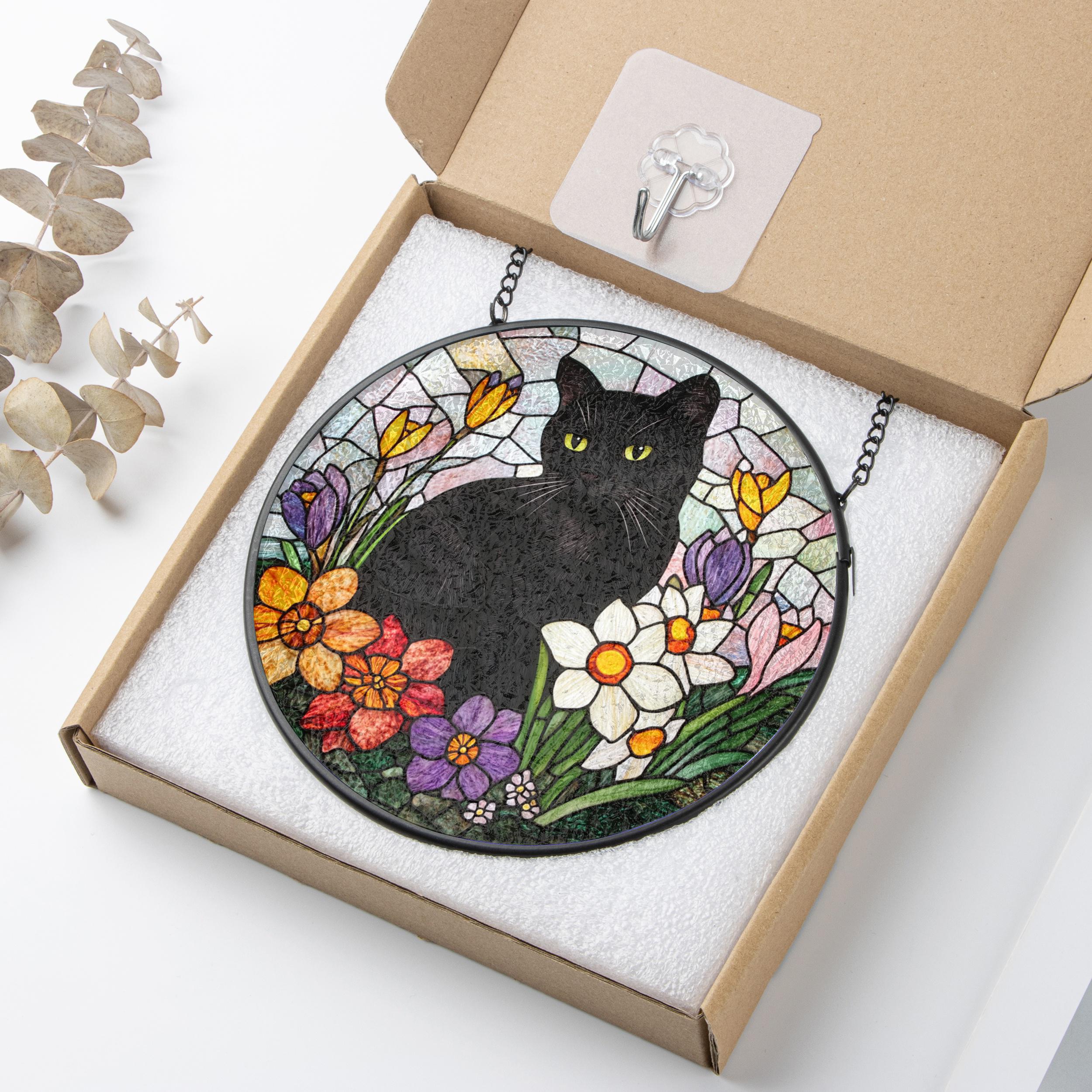 Black Cat Stained Glass Suncatcher, Floral Window Hanging, Gift for Cat ...