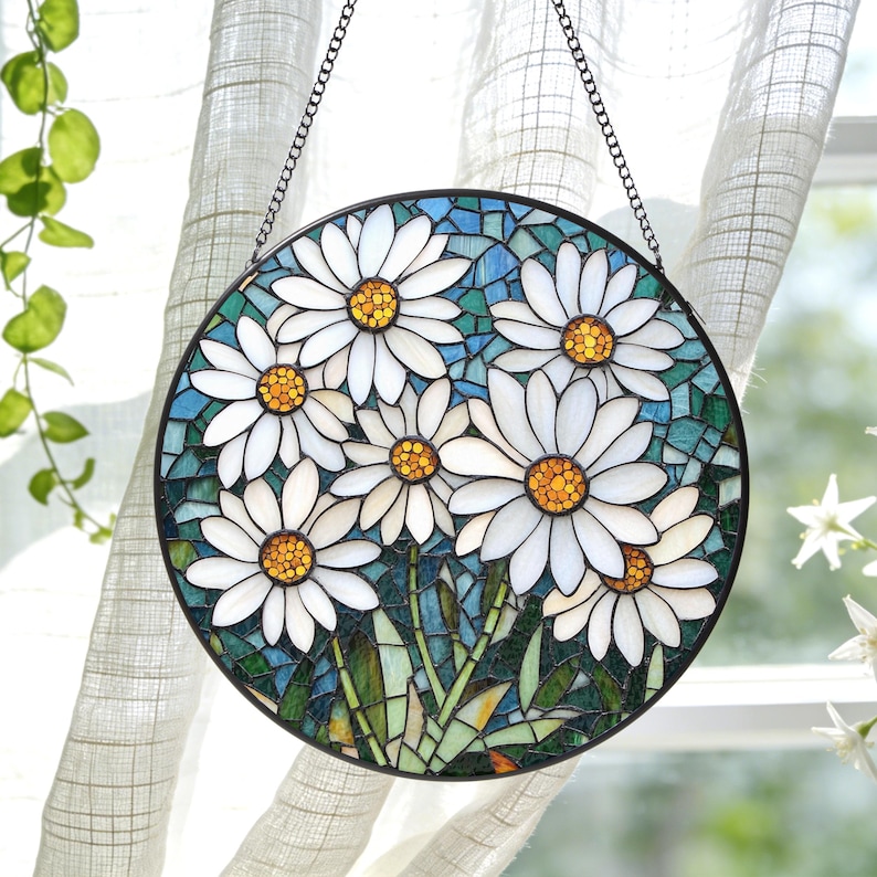 Stained Glass Daisy Suncatcher: Floral Window Hanging, April