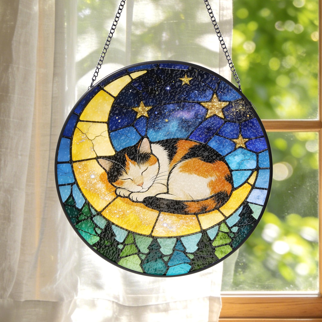 Calico Cat Stained Glass Suncatcher: Moon Sleeping Tabby Cat Window ...
