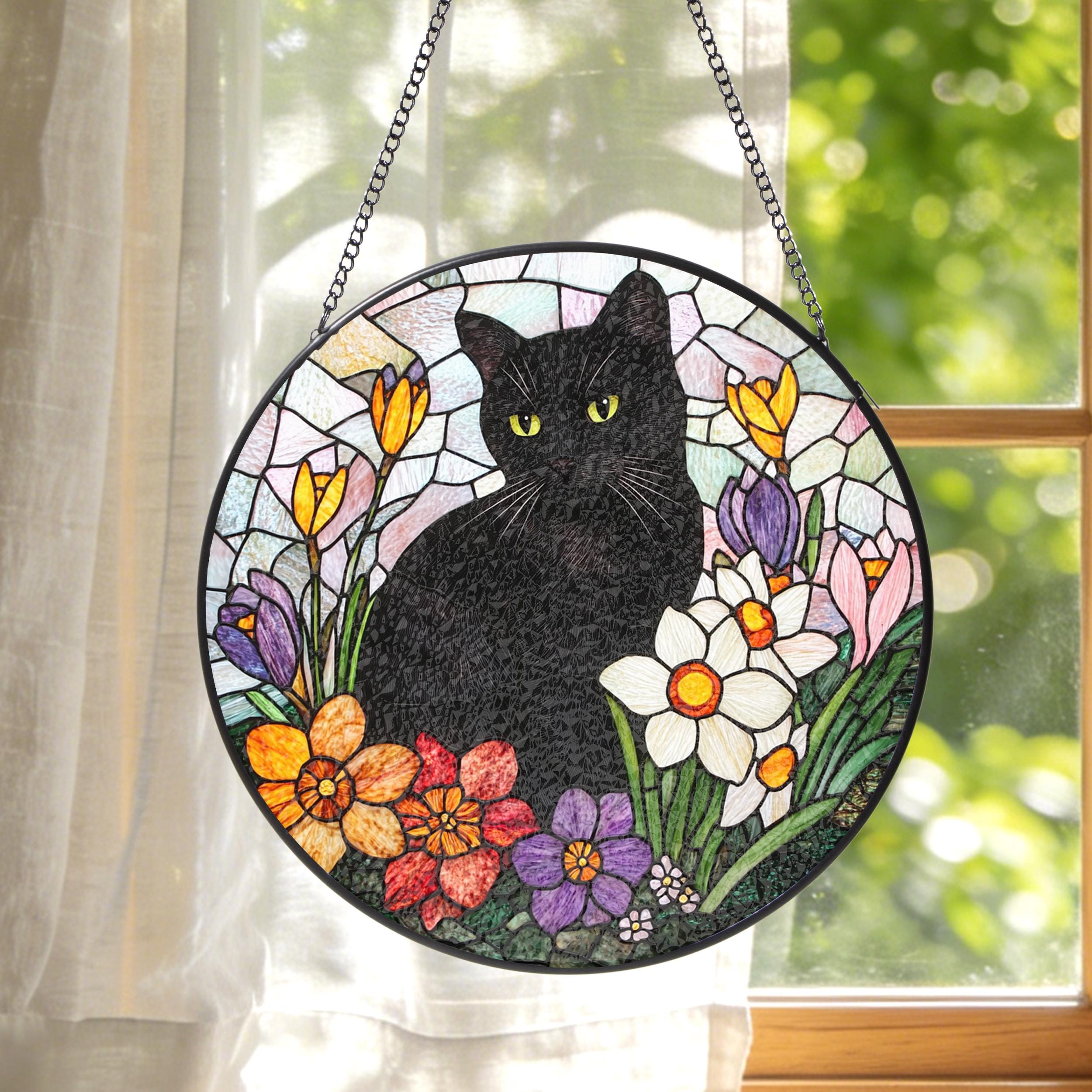 Black Cat Stained Glass Suncatcher, Floral Window Hanging, Gift for Cat ...