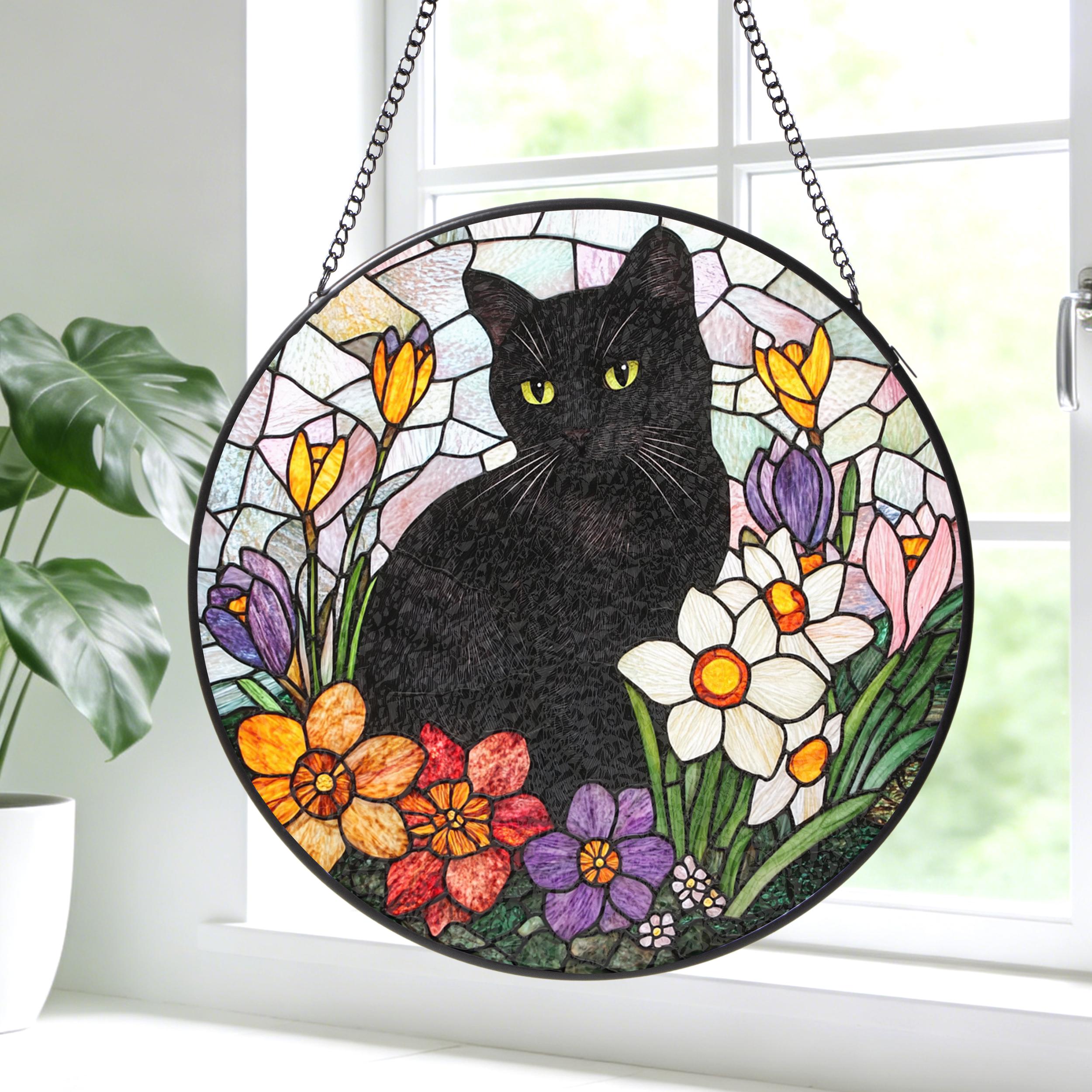 Black Cat Stained Glass Suncatcher, Floral Window Hanging, Gift for Cat ...