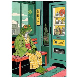 Ensoñación en la lavandería: Lámina artística de rana retro japonesa