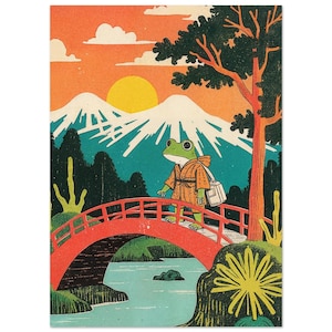 Impresión artística de estilo japonés: Rana al atardecer – Puente rojo y paisaje del monte Fuji