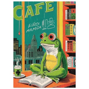 Impresión artística de cafetería retro de ranas: póster de ranas inspirado en el manga, ilustración de un paisaje urbano japonés, decoración de pared surrealista de cafetería de libros