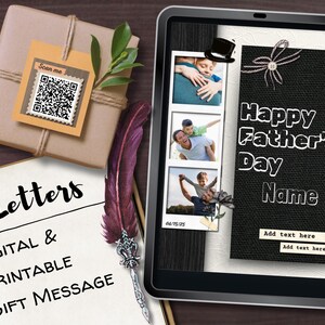 Carta QR para o Dia dos Pais™ – Modelo Preto Editável do Canva | Presente para Imprimir ou Digital | Alternativa de Cartão Única | Download Instantâneo
