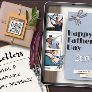 Carta QR para el Día del Padre™: Plantilla editable en Canva azul claro / Regalo imprimible o digital / Tarjeta única alternativa / Descarga instantánea
