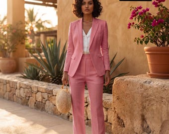 Conjunto de linho feminino de duas peças: modelo casual para casamento e festa.