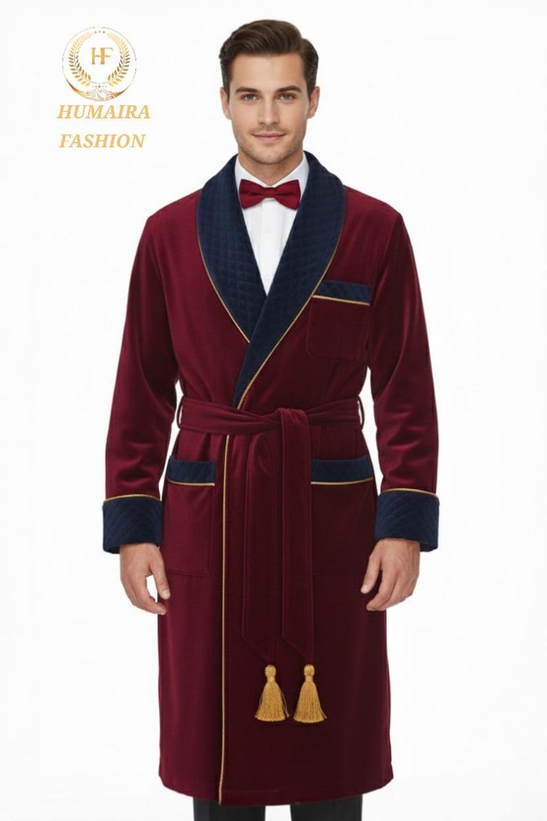 Men's Long Burgundy Velvet Robe Blue Quilted Jacket: Bespoke Style Robe ...