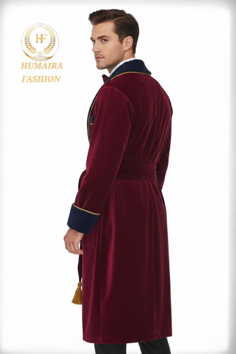 Upper Class Robe Men's Long Burgundy Velvet Robe Blue Quilted Jacket: Bespoke Style Robe ...