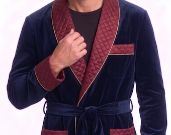 Men Blue velvet jacket Burgundy satin Quilted jacket