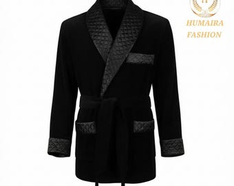 Men Black Velvet Robe Black satin Quilted Lapel