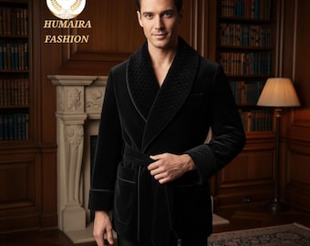 Men Black Velvet Robe men Quilted Lapel jacket
