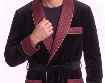 Men Velvet Robe men Burgundu satin Quilted Lapel jacket