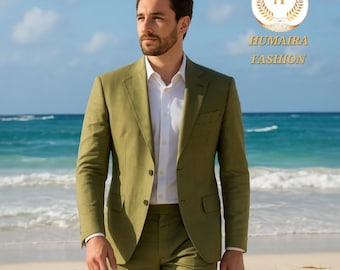 オリーブグリーンのリネンスーツ：メンズ3ピースウェディングスーツ
