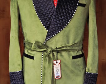Men smoking jacket Olive green velvet black quilted jacket new casual fit  vintage bespoke robe Christmas party wear jacket gift for husband