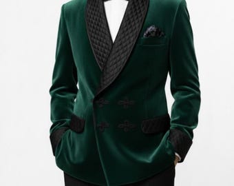 Men Green Velvet Robe men Black satin Quilted Lapel jacket
