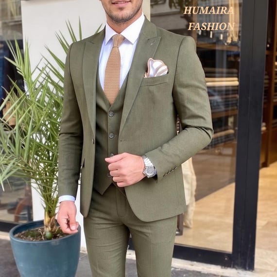 Olive Green Men's 3-piece Suit:men Casual Fit Suit Engagement