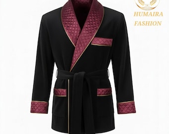 Men Velvet Robe men Burgundu satin Quilted Lapel jacket