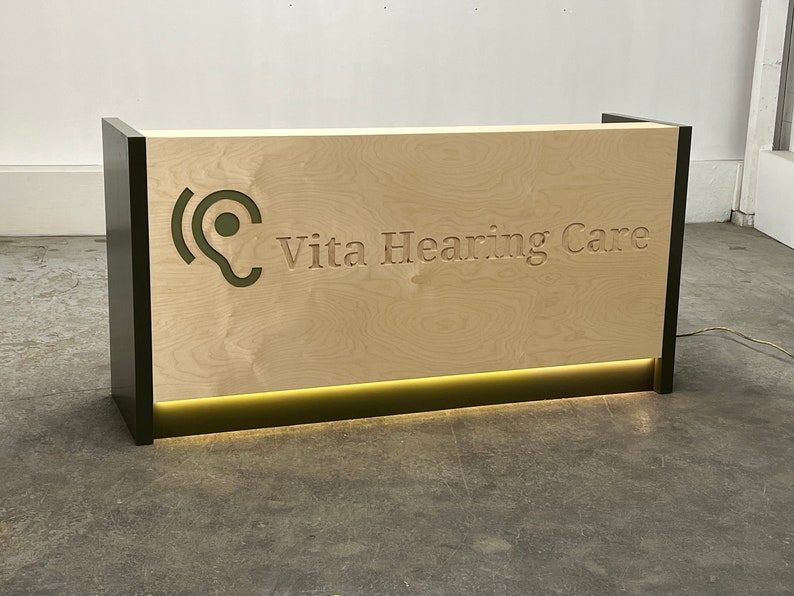 Basic Birch Plywood Reception Desk With Carved Logo Split Finish Colored Light Toe Kick and FREE