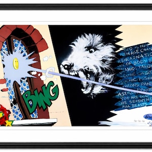 Puede incluir: Obra de arte enmarcada con una ilustración de estilo cómic. Una ventana con una carita sonriente es golpeada por un rayo, con la palabra "BING" en verde. A la derecha, una cabeza de lobo blanco con texto que incluye "GOD IS NEW" y "ALL BEASTS".