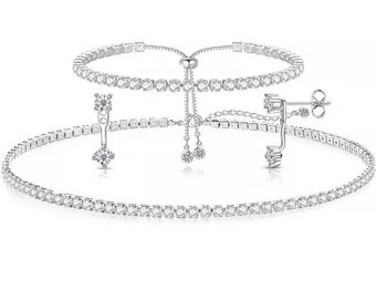 Silver Diamond Jewelry Set Tennis Necklace Bracelet Earrings Bridal Prom Formal occasions