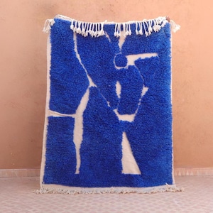 Blue Wool Rug – Handmade Moroccan Berber Style, Abstract Design