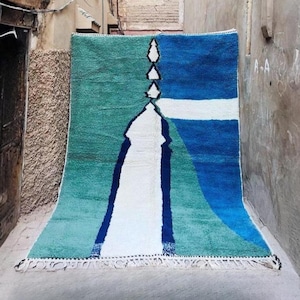 Abstract Moroccan Wool Rug – Blue Green Shag Berber Carpet – Modern Boho Art Rug – Handwoven Statement Area Rug for Living Room