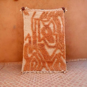 Handmade Moroccan Berber Rug: Cream & Terracotta Boho Shag Wool Carpet