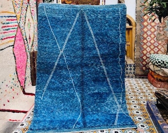 Handmade Wool Berber Rug: Modern Minimalist Blue & White Design