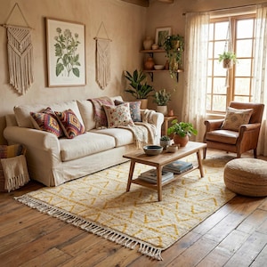Könnte beinhalten: Ein gemütliches Wohnzimmer mit einem cremefarbenen Sofa, das mit gemusterten Kissen und einer Decke geschmückt ist. Ein Holztisch steht auf einem gelb-cremefarbenen geometrischen Teppich. Makramee-Wandbehänge und botanische Drucke ergänzen die Einrichtung.