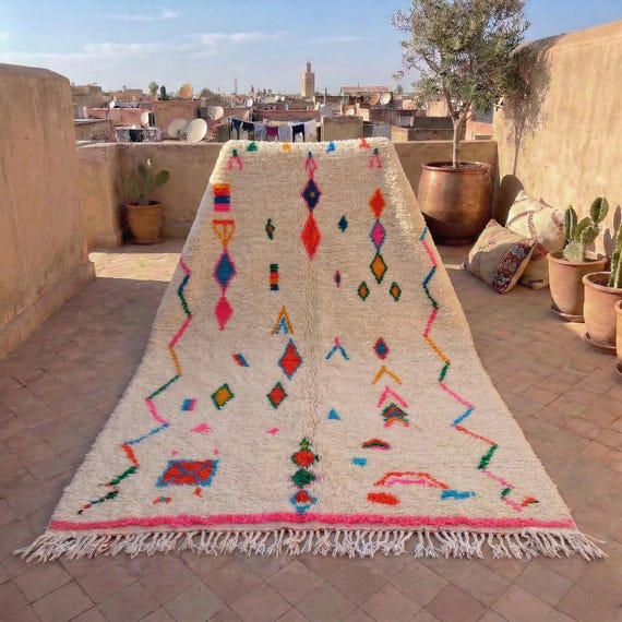 Custom Wool Rug, Cream Moroccan Rug, Colorful Berber Rug, Handmade Wool Area Rug, Custom Size