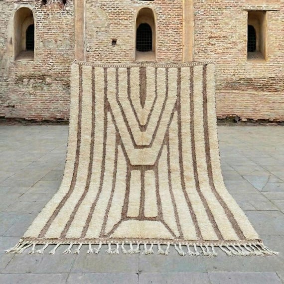 Moroccan Berber Rug | Beni Ourain Rug | Abstract Berber Rug | Cream Berber Rug | Minimalist Wool Rug | Geometric Wool Rug | Taupe Line Rug