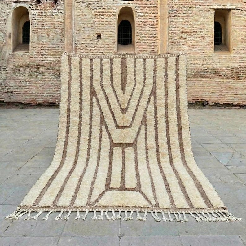 Moroccan Berber Rug | Beni Ourain Rug | Abstract Berber Rug | Cream Berber Rug | Minimalist Wool Rug | Geometric Wool Rug | Taupe Line Rug