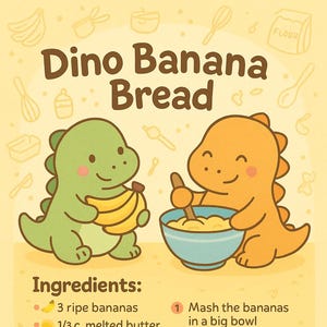 Receita de pão de dinossauro e bônus (cartões de culinária de dinossauro, receitas para crianças para imprimir, atividade de culinária pré-escolar, atividade de festa de dinossauro