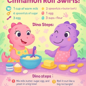 receita de rolinhos de canela de dinossauro, cartões de culinária de dinossauro, receitas infantis para imprimir, atividade de culinária pré-escolar, atividade de festa de dinossauro