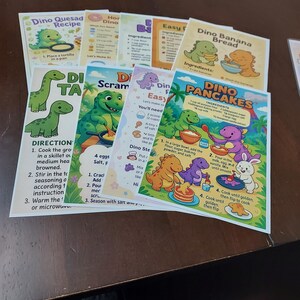 6 receitas de dinossauros e bônus, cartões de culinária de dinossauros, receitas infantis para imprimir, atividade de culinária pré-escolar, atividade de festa de dinossauros