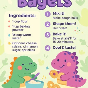 Receita de Bagel, (receitas de dinossauros, itens de pão, cartões de culinária de dinossauros, receitas para crianças para imprimir, atividade de culinária pré-escolar, dinossauro