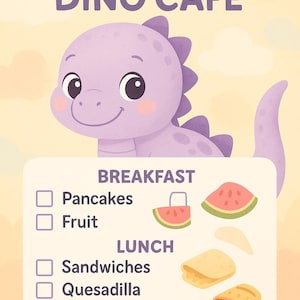 cardápio e bônus de dinossauros (cartões de culinária de dinossauros, receitas para crianças para imprimir, atividade de culinária para pré-escola, atividade de festa de dinossauros)
