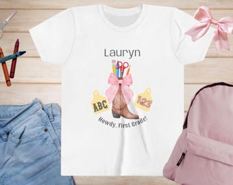 Girls Western Style Personalized Youth Tee for First Grade, Custom Name, Boots, Howdy 1st Grade, Back to School Shirt, Kids Cowboy Shirt
