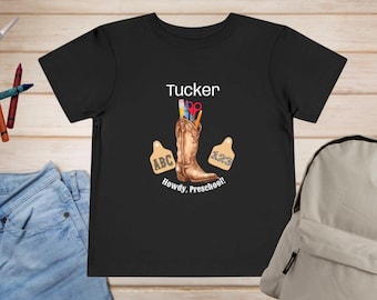 Toddler Tee, First Day of Preschool Shirt, Howdy Preschool, Cow Tags, Custom Toddler Shirt, Kids Graphic Tee