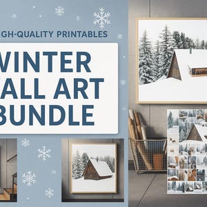60 High-Quality Winter Wall Art Printables – Holiday & Christmas Digital Art Bundle, Snowy Cabin, Forest, Animal Scenes – Instant Download