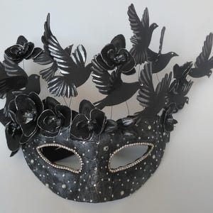 Black Bird Masquerade Mask: Gothic 3D Birds, Orchids & Rhinestones