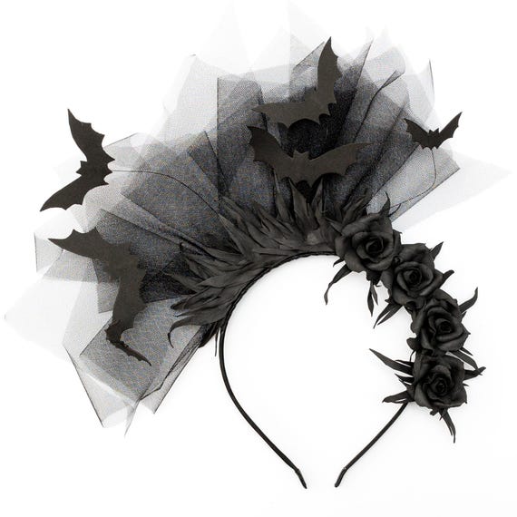 Black Bat Fascinator, Rose Veil Headband, Gothic Halloween Headpiece